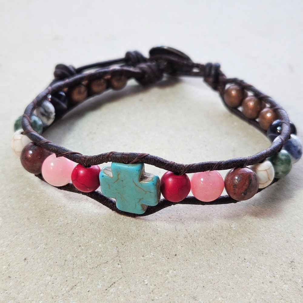 Boho Leather Wrap Bracelet Turquoise Cross Natural Stone Celtic Knot Button‎